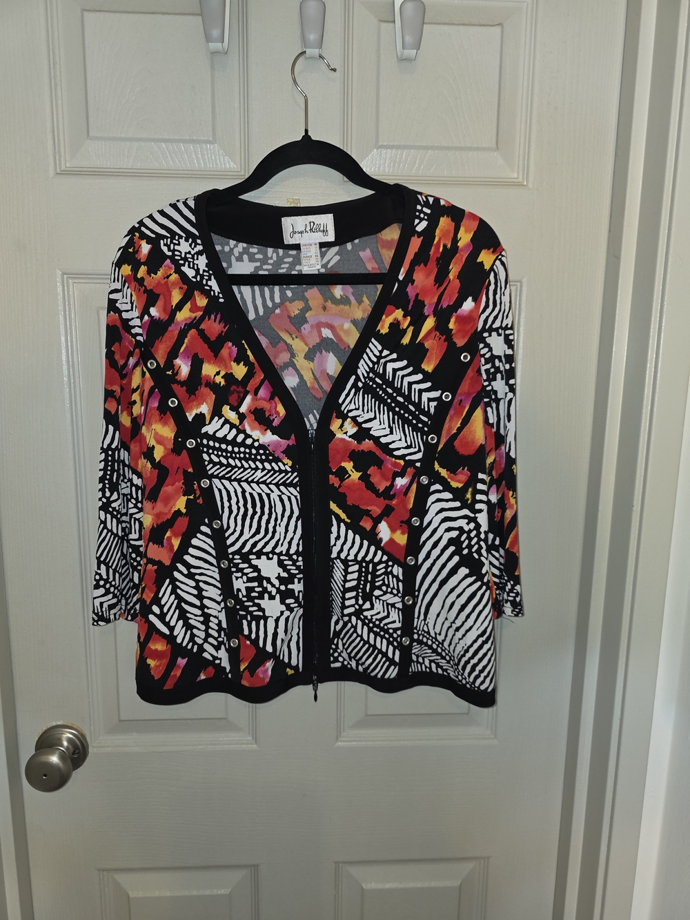 Joseph Ribkoff Black Multicolor Zipper Printed Cardigan